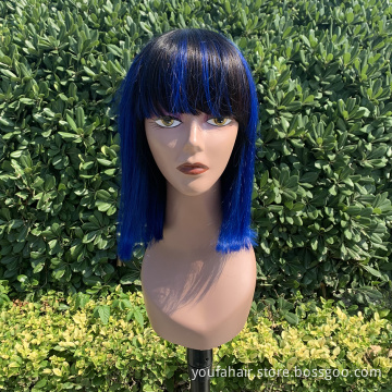 Wholesale Short Straight Bob Wig Brazilian Remy Human Hair Wig for Women Ombre Color 1b/Blue Full Machine Made Bob Wig with Bang